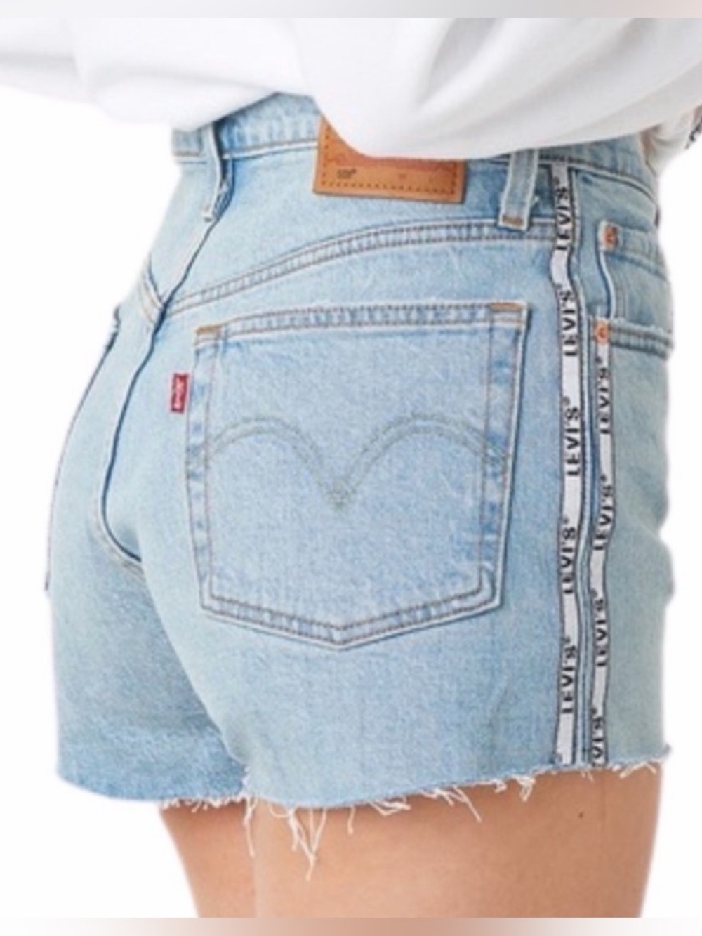 Levi's Premium 501 Light Wash Shorts Logo Side Stripe Raw Hem Denim 29
